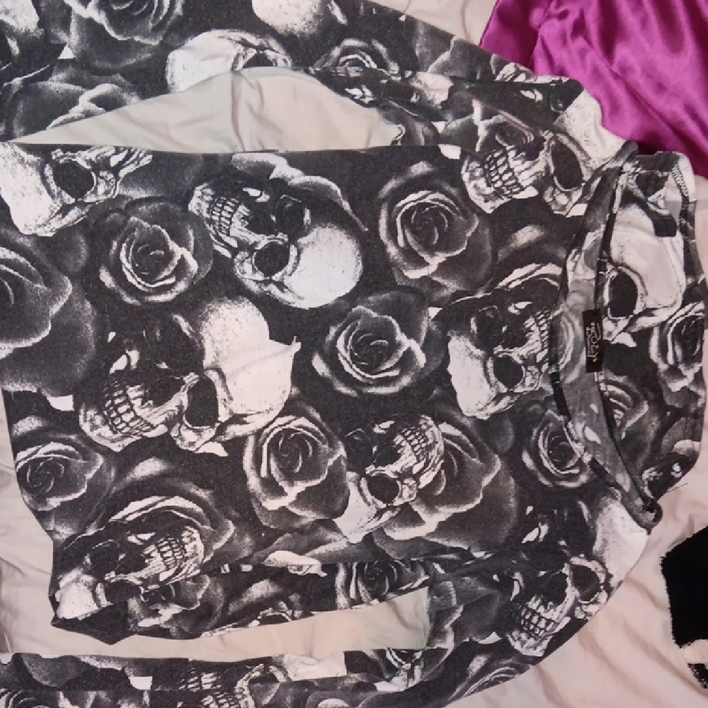 Long Sleeve Black & White Skull Rose Print Dress
